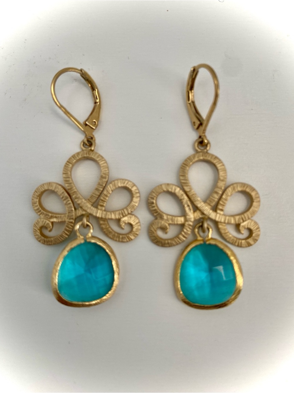 Gold Filigree Drop Earrings with Blue Teardrop Gemstones
